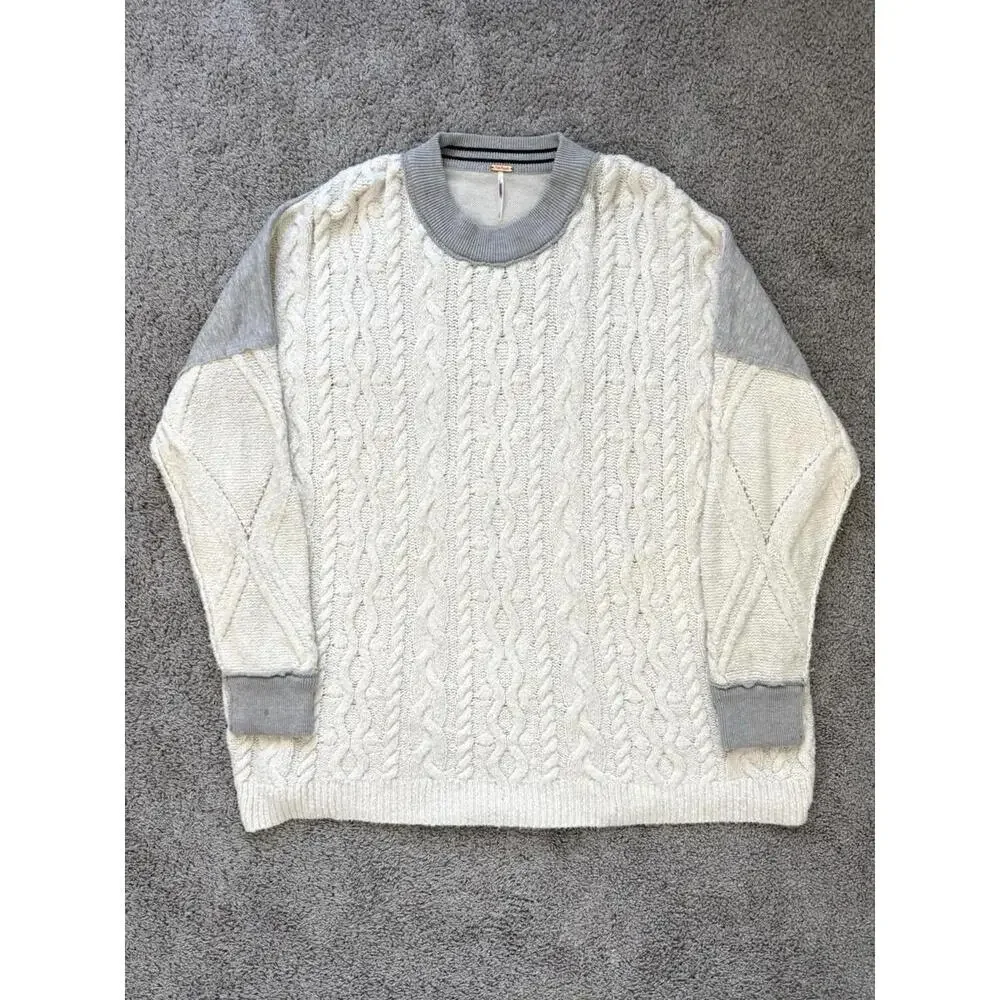 Free People‎ Olympia Tunic Sweater Cable Knit Oversized Comfy Boho White Gray S